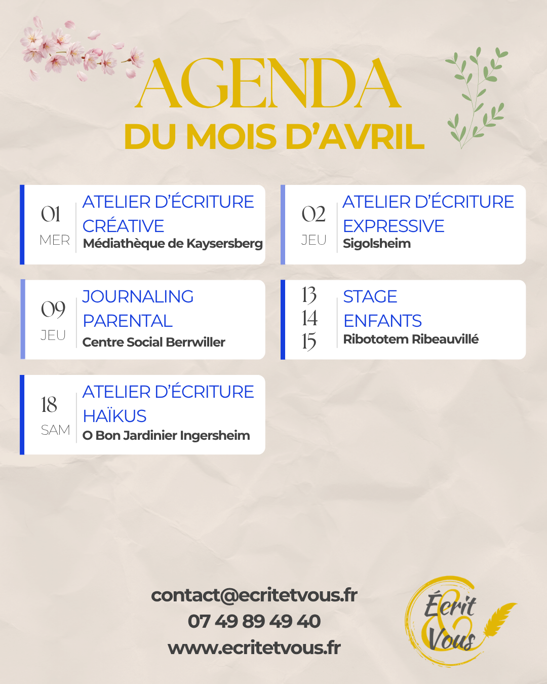 Agenda : avril ~ mai ~ juin ~ juillet