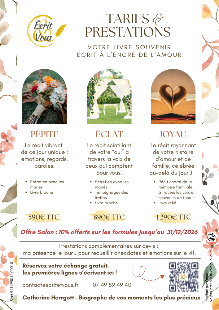 Tarifs récits de mariage