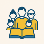 Un pictogramme d'une famille intergénérationnelle au-dessus d'un livre ouvert