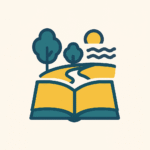 Un pictogramme d'un chemin menant à la mer au-dessus d'un livre ouvert